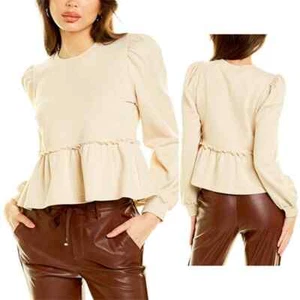 Cami NYC Lyra Peplum Puffed Sleeve Crewneck Sweatshirt Bone Size: XXS NWT - Picture 1 of 11
