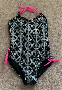 SO Girls Peace Sign Neon Pink Bow Ties One Piece Swimsuit - Picture 1 of 12