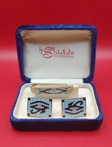 Eye of Horus Vintage ANSON Tie Bar Clip Cuff Links Set Turquoise Mosaic Egyptian - Picture 1 of 11