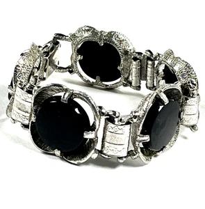 Brazalete Panel 8" Vintage Firmado Elizabeth Morrey Grueso Negro Vidrio Tono Plata - Imagen 1 de 22