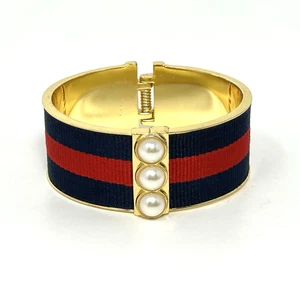 Talbots Hinged Bangle Bracelet Grosgrain Ribbon & Beads Nautical Preppy Clamper - Picture 1 of 8