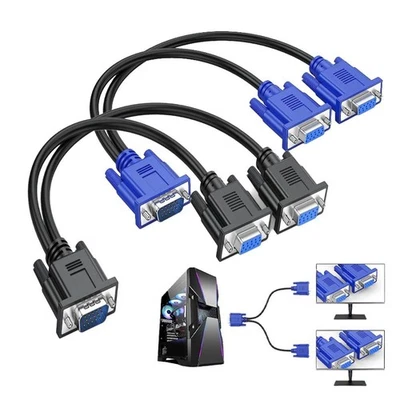 1 PC to 2 Way VGA SVGA Monitor Y Splitter Cable Lead LCD 15Pin Male M4ZJY67 N0Y0 - Image 1 of 4