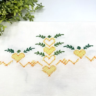 Vintage Hand-Embroidered Table Runner Yellow Green Hearts 14x36” Linen Retro - Image 1 of 4