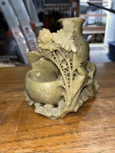 Vintage Antique Carved Jade Jadeite Soapstone Asian Vase Flower Bowl Ornate - Picture 1 of 8