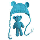 Infant Crochet Bear Hat Set Knitted Ear Cap For Newborn Toddler Blue