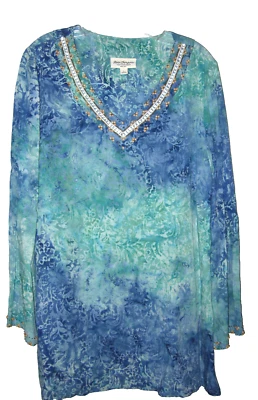 NORM THOMPSON 串珠长衫上衣衬衫 尺寸 L 蓝色 绿色 V 领 RAYON 二手状况完好 — 第 1/4 张图片