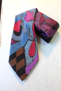 Vintage 1980s Mens Necktie Art to Wear Blue Purple Cerise Cognac Woven Tie - Picture 1 of 7