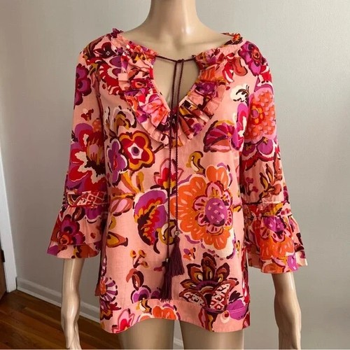 Tory Burch Gwenna tunica rosa pompelmo floreale nappa con volant taglia 4