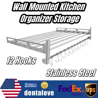 Настенная полка для микроволновой печи из нержавеющей стали с 12 крючками для хранения на кухне - Изображение 1 из 4