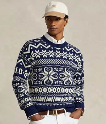 $298 Polo Ralph Lauren Navy White Snowflake Wool-Blend Sweater Men’s SZ M - Image 1 of 4