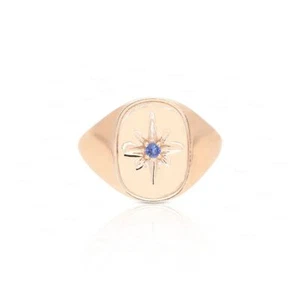 ANILLO DISEÑO SELLO STARBURST GRABADO PIEDRA ZAFIRO AZUL ORO ROSA 14K - Imagen 1 de 5