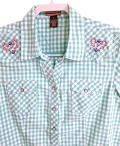 Bit Bridle Womens M Shirt Green Check Pearl Snaps Embroidered Country Western - Picture 1 of 6