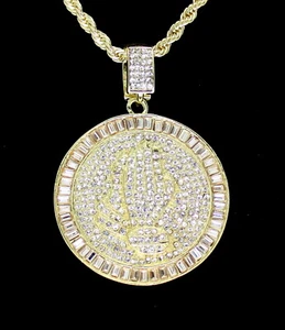 Round Praying Hands Cubic Zirconia Pendant 14k Gold Plated 24" Rope Necklace - Picture 1 of 4
