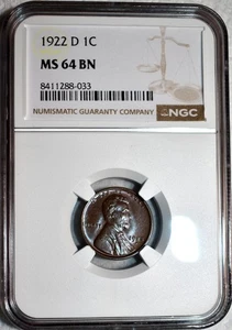 NGC MS-64  BN 1922-D Lincoln Cent, Razor-Sharp & Beautifully Toned! - Picture 1 of 2