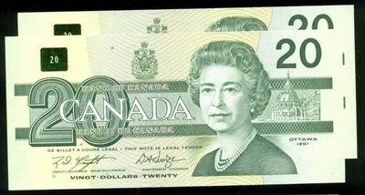 1991 $20 BC-58d-i Canadá, Caballero/Esquiva, Emisión Birds of Canada, Par consecutivo Foto 1 de 2