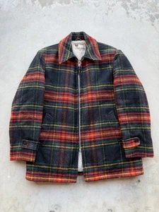 Vintage LAKELAND Shadow Plaid Wool Car Club Coat 50s 60s Mackinaw Jacket Size 42 - Picture 1 of 18