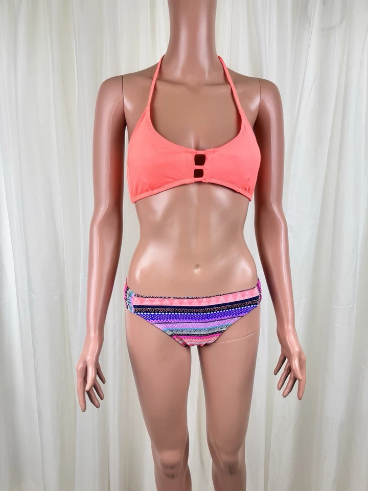 Forever 21 & California Waves Bikini Combo Coral Halter Top with Striped Bottom - Image 1 of 4