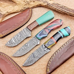 Juego de 3 cuchillos desolladores de hoja de Damasco | 8" | Funda de cuero con mango de madera 16 - Imagen 1 de 8