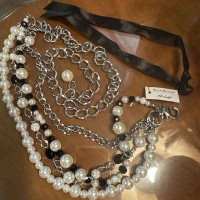 WHBM 黑色喷射人造珍珠水晶水钻链带全新无标签小号可调节 — 第 1/4 张图片