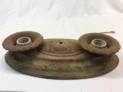 ANTIQUE Art Nouveau DECO 2 Bulb POLYCHROME Metal Flush CEILING LIGHT Fixture Cover