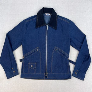 Vintage Big Smith Denim Jacket Mens M Blue Talon Zip Corduroy Collar 70s Cinch - Picture 1 of 13