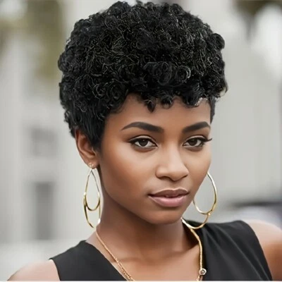 Pelucas de cabello humano rizado corto corte pixie negro para mujer cabello humano brasileño Foto 1 de 4