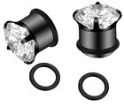 Black Plugs 0 Ring Style with Prong Cubic Zirconia Surgical Steel- Sold Pair