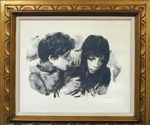 Sandu Liberman SECRETS Signed Lithograph, Boy and Girl Portrait, Gold Wood Frame - Picture 1 of 5