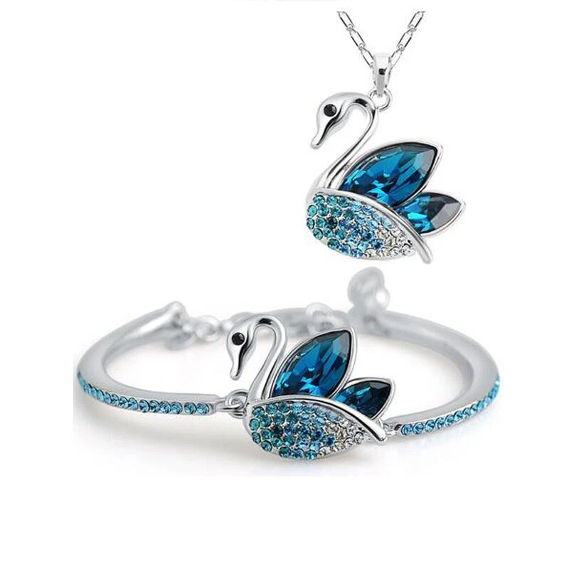 925 Placcato Argento Cigno Lucente Sposa Matrimonio Festa Collana Bracciale Set - Immagine 1 di 1