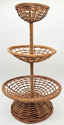 Vtg Brown Whicker Fruit Basket 3 Tier Freestanding Farmhouse Countrycore 1970s - Image 1 of 3