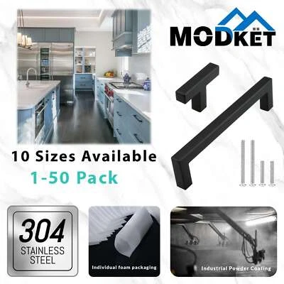 Matte Black Square Modern Kitchen Cabinet Handles Pulls Drawer Stainless Steel - Image 1 of 4