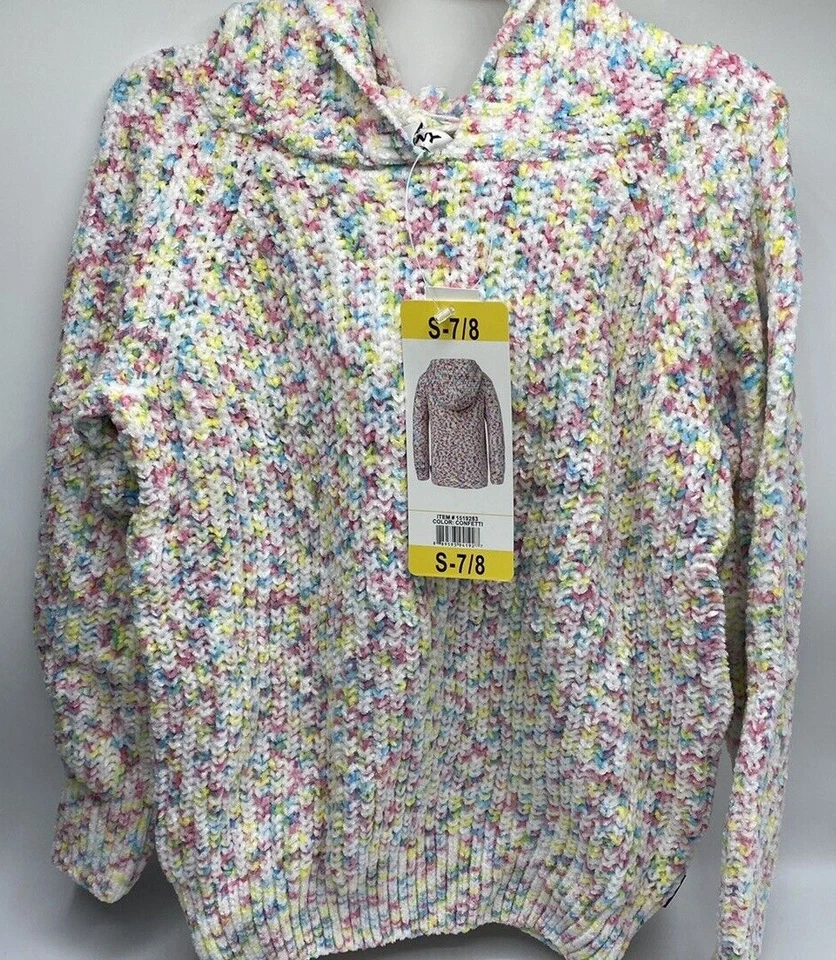 DKNY Chenille Girls' Pullover Sweater w' Hood Confetti Pattern(MULTI S 7/8)