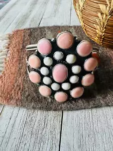 Navajo Queen Pink Conch, White Buffalo & Sterling Silver Cluster Cuff Bracelet - Picture 1 of 7