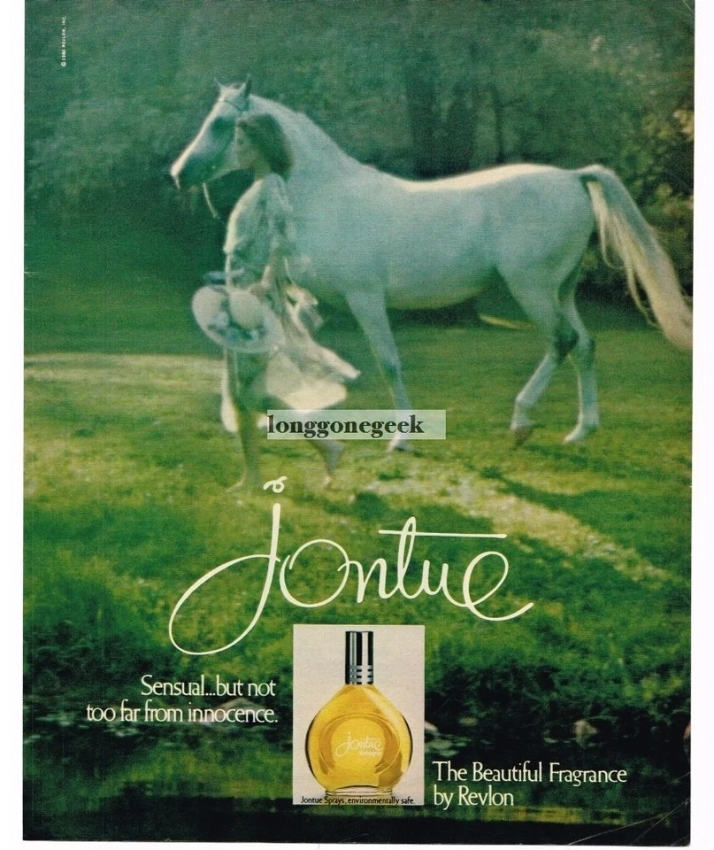 1980 Jontue Perfume Revlon Mulher com Cavalo Branco Foco Suave Anúncio Vintage  - Imagem 1 de 1