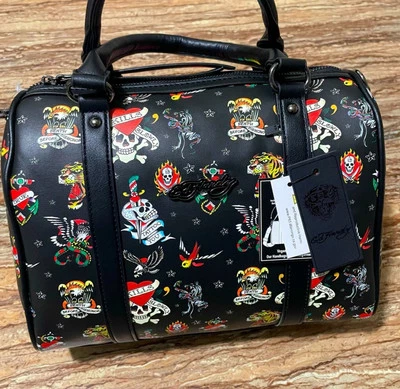 ED Hardy Bag Black Boston Bag Crossbody Satchel Logo Tattoo Print Handbag Purse - Image 1 of 4