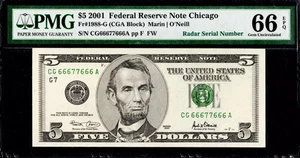 $5 2001 BINARY RADAR SERIAL SIX OF A KIND Fancy # on Big Head PMG Gem Unc 66EPQ - Picture 1 of 2