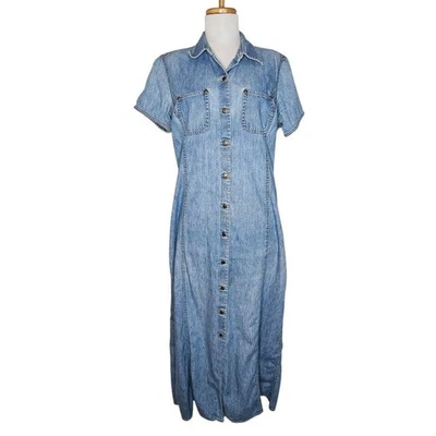 VTG Liz Claiborne Denim Maxi Shirt Dress Short Slv Buttoned Cottagecore 90s M - Image 1 of 4