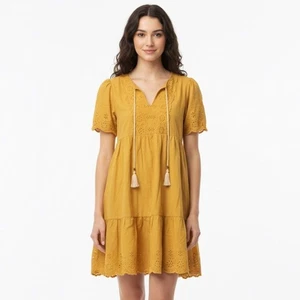 Knox Rose boho Mustard Eyelet Dress with tassels  size small - Picture 1 of 8