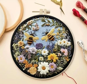 Honey Bees & Flowers Embroidery Stitching Kit Honeybee Nature Floral Needlepoint - Picture 1 of 3