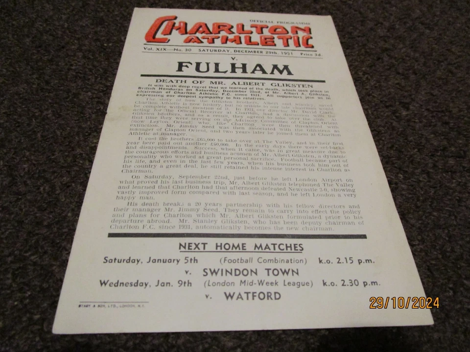 CHARLTON ATHLETIC  v  FULHAM   1951/2  DECEMBER 29th - Image 1 of 1