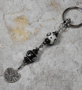 Murano Swirl Heart Beaded Handmade Keychain Split Key Ring Black White Silver