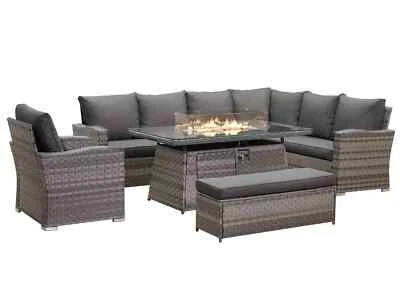 MAXIFURN Rattan Garden Furniture Set With Fire Pit Dining Table Corner Sofa Outdoor Patio