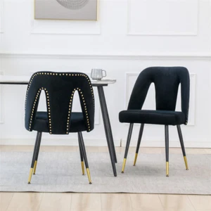 Set of 2 Modern Velvet Upholstered Dining Chair w/Nailheads & Metal Legs-Black - Picture 1 of 11