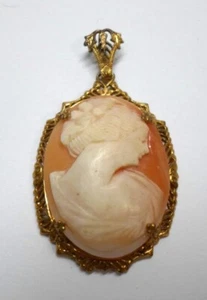 Antique CARVED SHELL CAMEO In FILIGREE STERLING SILVER FRAME Vermeil Gold Wash - Picture 1 of 8