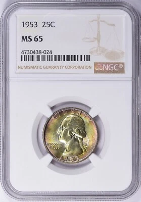 1953 P NGC MS65 Washington Quarter Nice Rainbow Toned Color Pretty PQ Coin - Image 1 of 2
