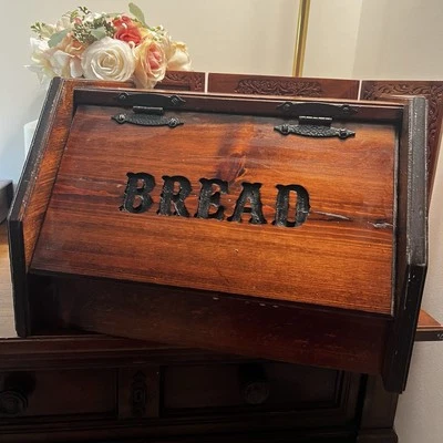 Vintage Large Wooden Bread Box Kitchen Storage Carved Letters Farmhouse Style - Image 1 of 4
