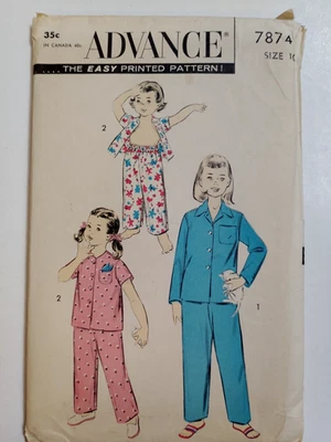 Advance 7874 Pajamas Sleep Set Top Pants Sewing Pattern Girls 10 VTG Easy Cut - Image 1 of 4