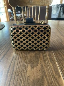 H & M Gold Color Metal Cloth Evening Clutch Crossbody Unadjustable Metal Strap - Picture 1 of 11