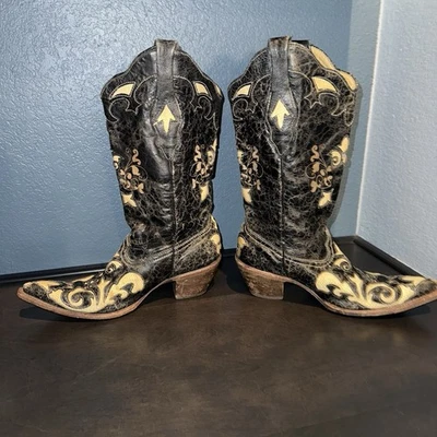 Bota Vaquera Corral Mujer Western Talla 8.5 Crackle Negra Lagarto Incrustación Punta Foto 1 de 4