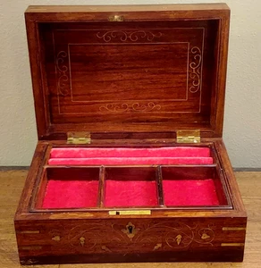 Vtg Wooden Trinket Jewelry Box Hand Carved w/ Brass Inlay + Tray 10"x7"x4" - Picture 1 of 9